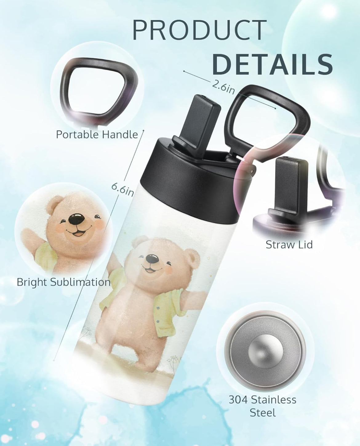Kids Stainless Steel Water Bottle with Straw 12 or 16 oz
