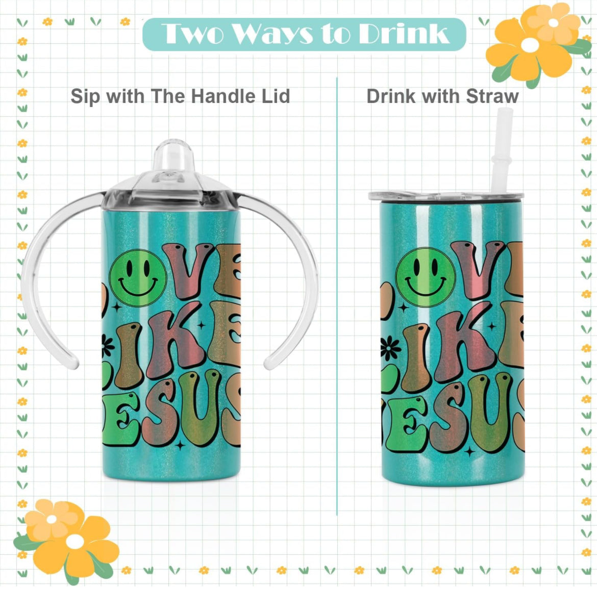 Kids Holographic Stainless Sippy Cup with Straw and Handles 12 oz