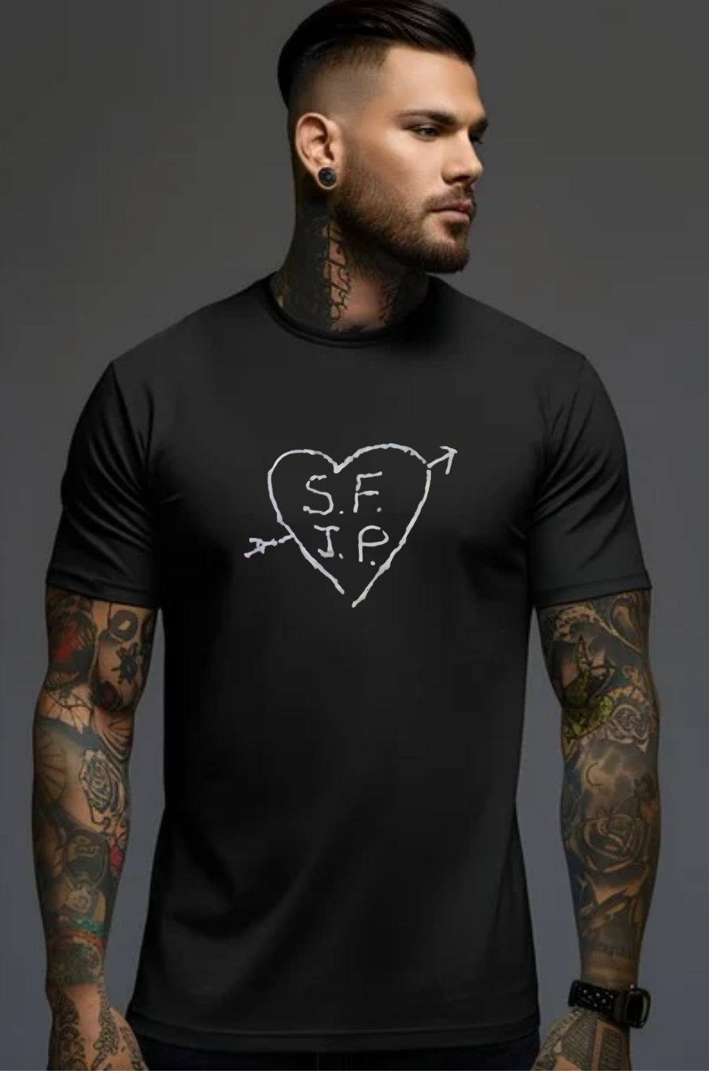 Black 100% Cotton Sound Factory JP Heart Logo T-Shirt